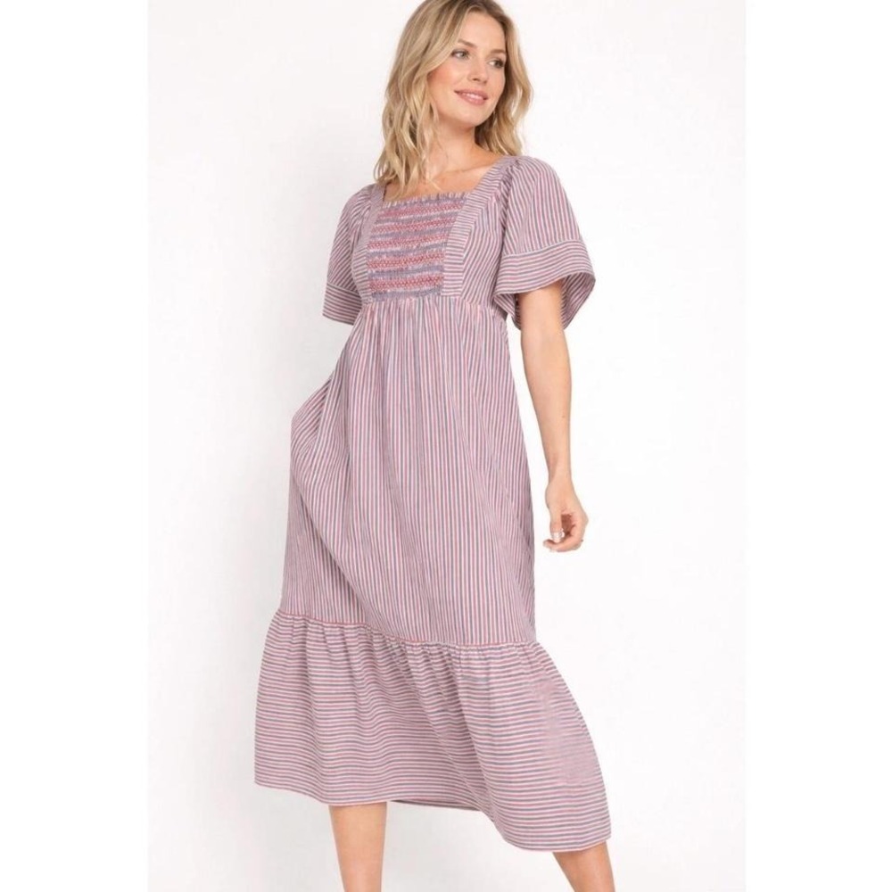 Old Navy Stripe Smocked Midi Dress Square Neck Pockets Tie Back Fit Flare Sz 2X